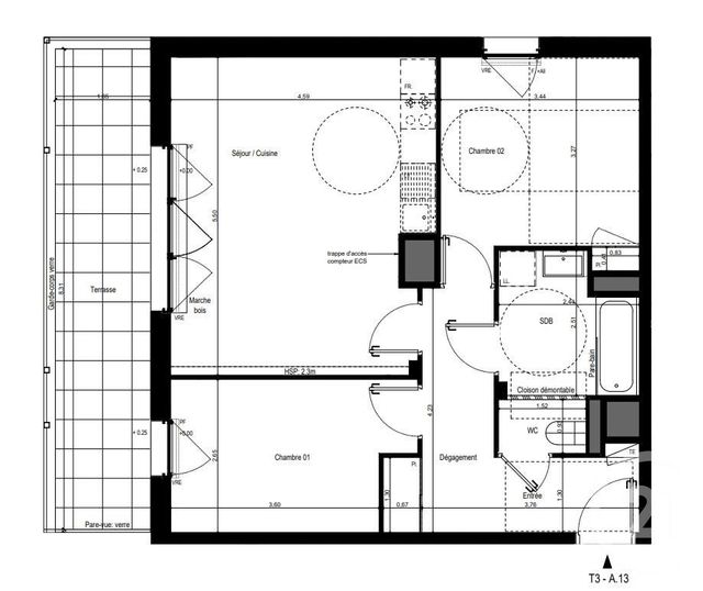 Appartement T3 à vendre - 3 pièces - 62.94 m2 - RENNES - 35 - BRETAGNE - Century 21 Reine Immobilier